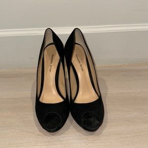 Open toe black suede and snakeskin Alexandre Birman heels